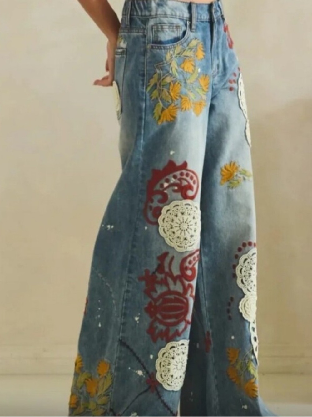 OLI & HALI Blue Wide-Leg Embroidered Patchwork Jeans Brand NEW sz XL - Picture 5 of 10